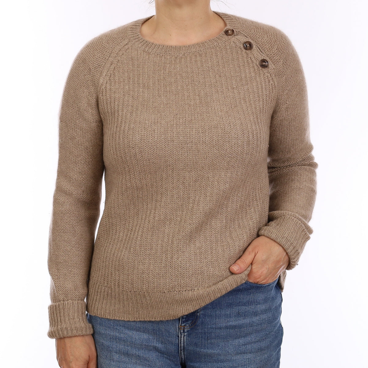 Gerard Darel Taupe Chunky Cashmere Buttoned Crew Neck Jumper Medium