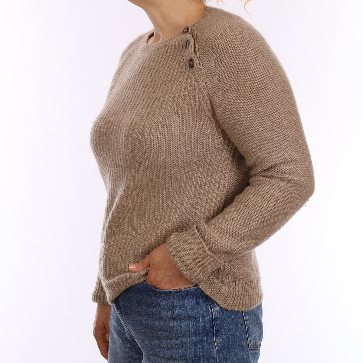 Gerard Darel Taupe Chunky Cashmere Buttoned Crew Neck Jumper Medium