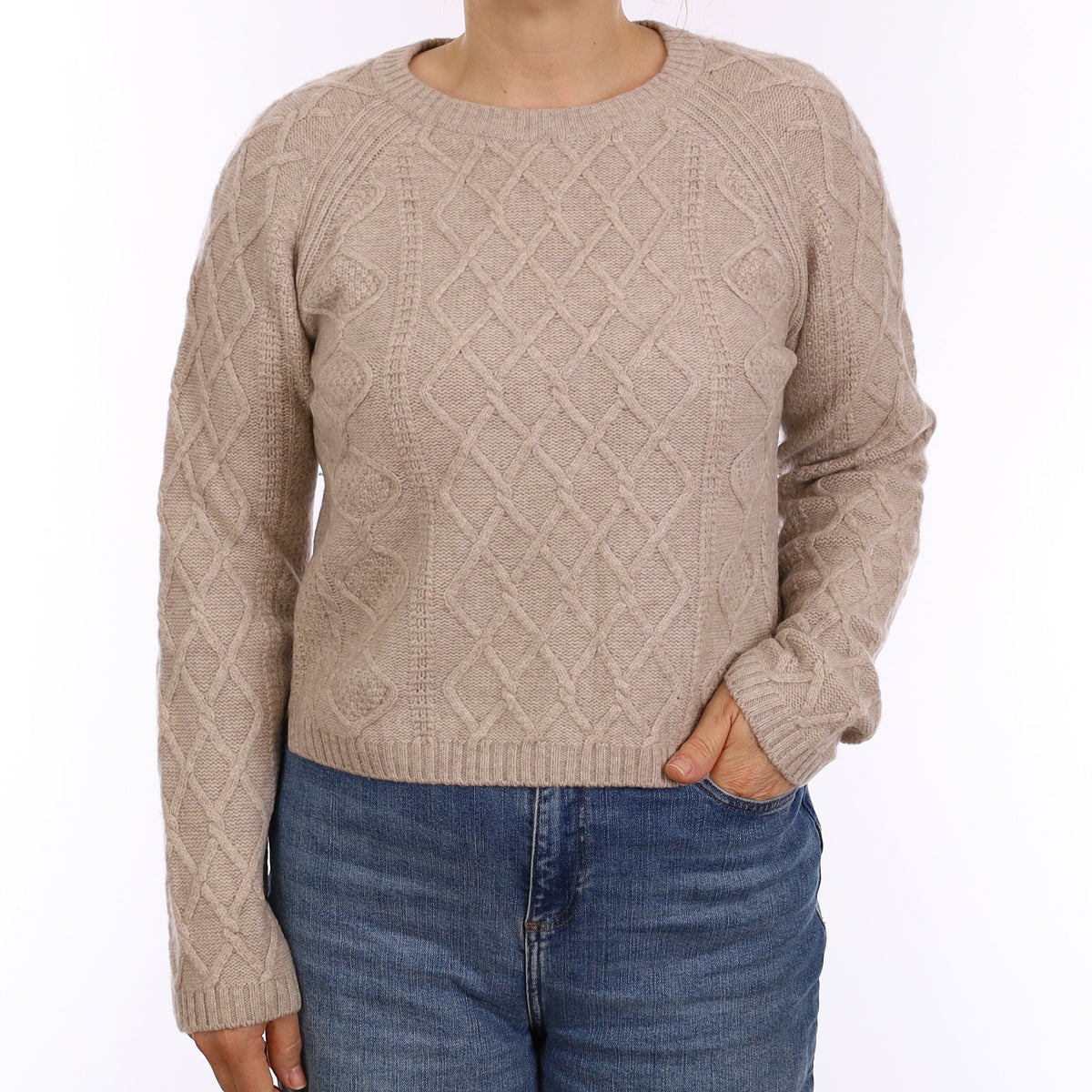 Fawn Chunky Textured Cashmere Crew Neck Jumper Medium
