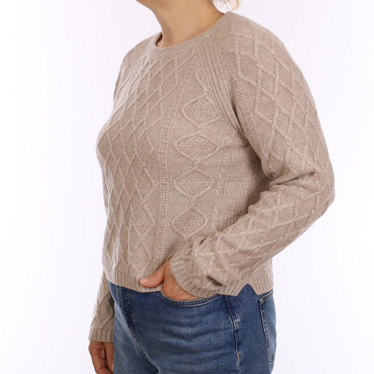 Fawn Chunky Textured Cashmere Crew Neck Jumper Medium