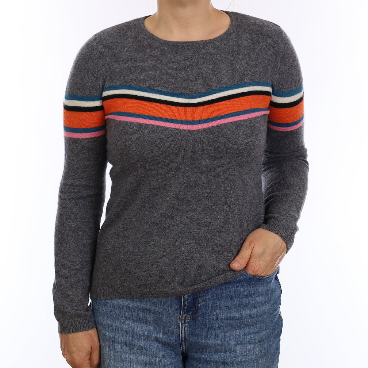 Wyse London Grey Multicolour Stripe Cashmere Crew Neck Jumper Medium