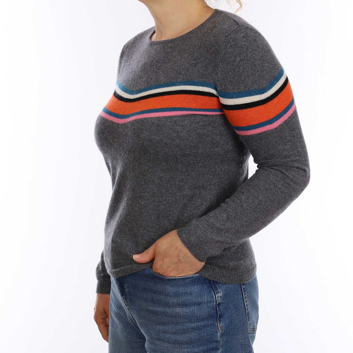 Wyse London Grey Multicolour Stripe Cashmere Crew Neck Jumper Medium