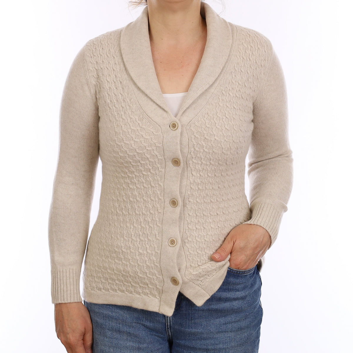 Oatmeal Chunky Textured Cashmere Shawl Collar Jacket Medium