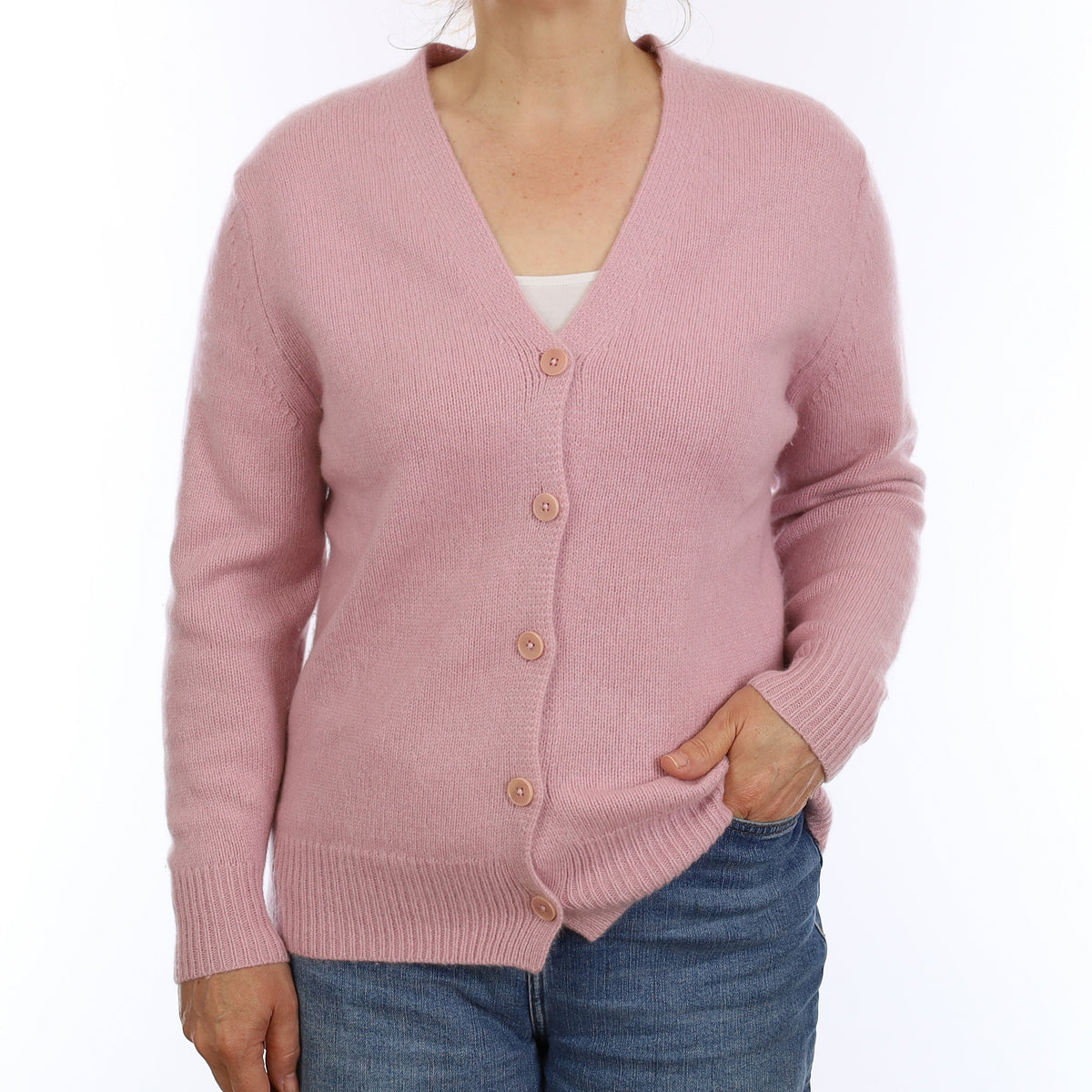 Mauve Pink Chunky Cashmere V Neck Cardigan Medium