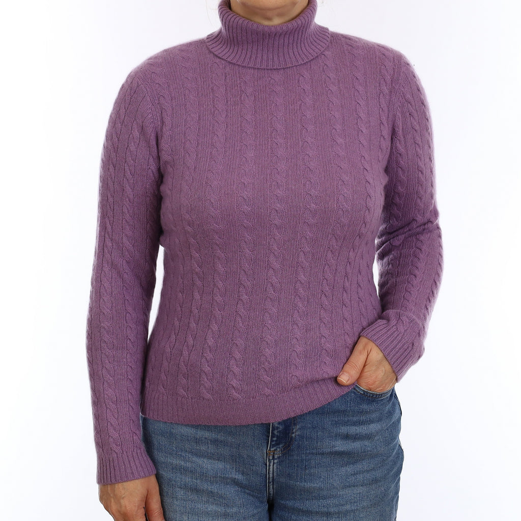 Wisteria Purple CableCashmere Polo Neck Jumper Medium