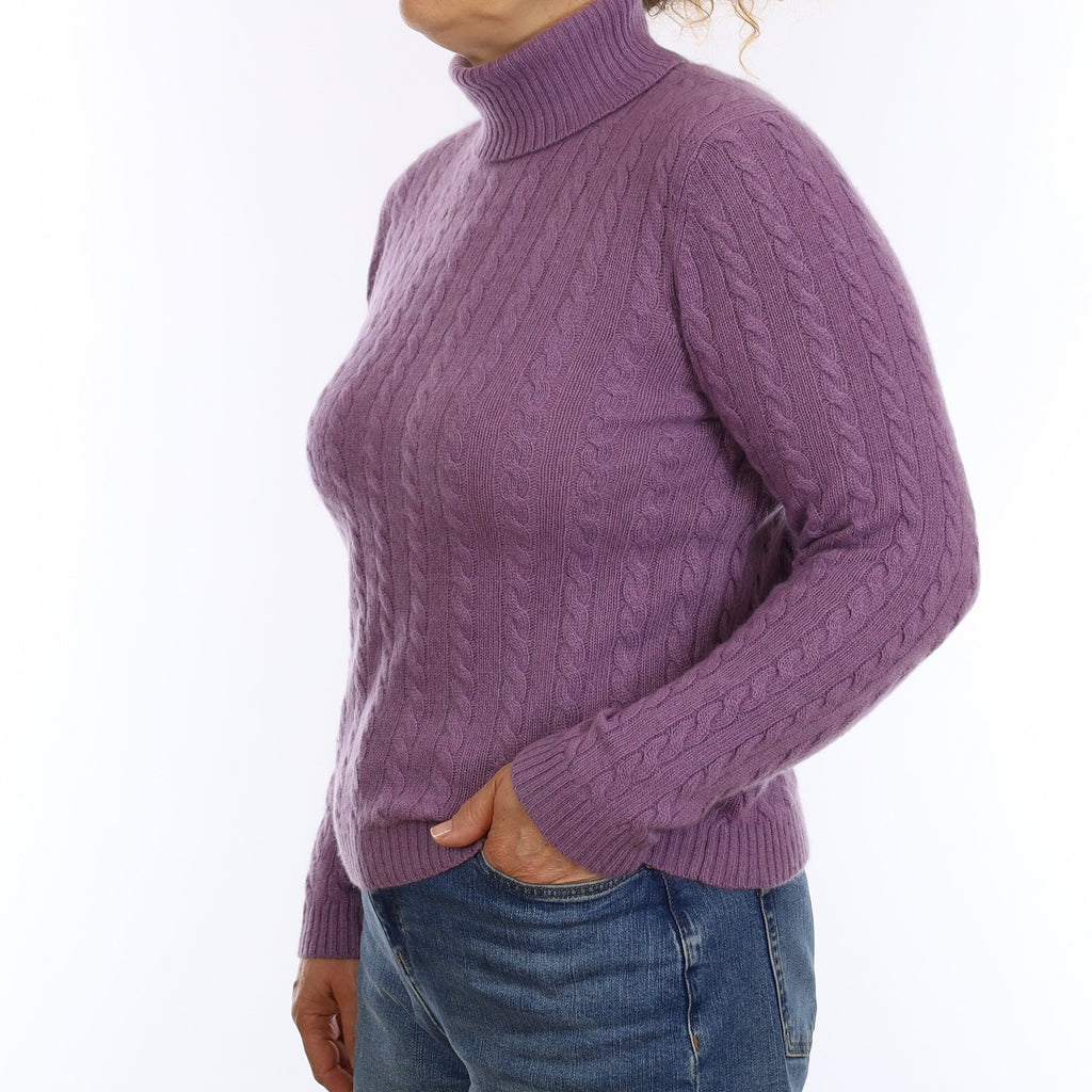 Wisteria Purple CableCashmere Polo Neck Jumper Medium