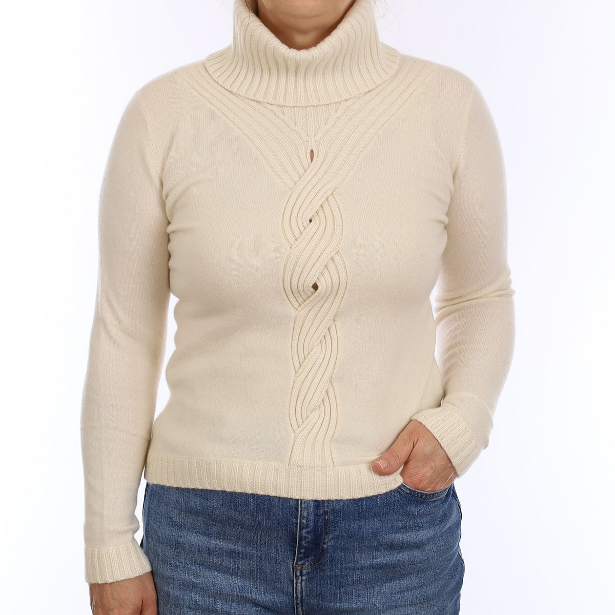 Ivory Cable Detail Cashmere Polo Neck Jumper Medium
