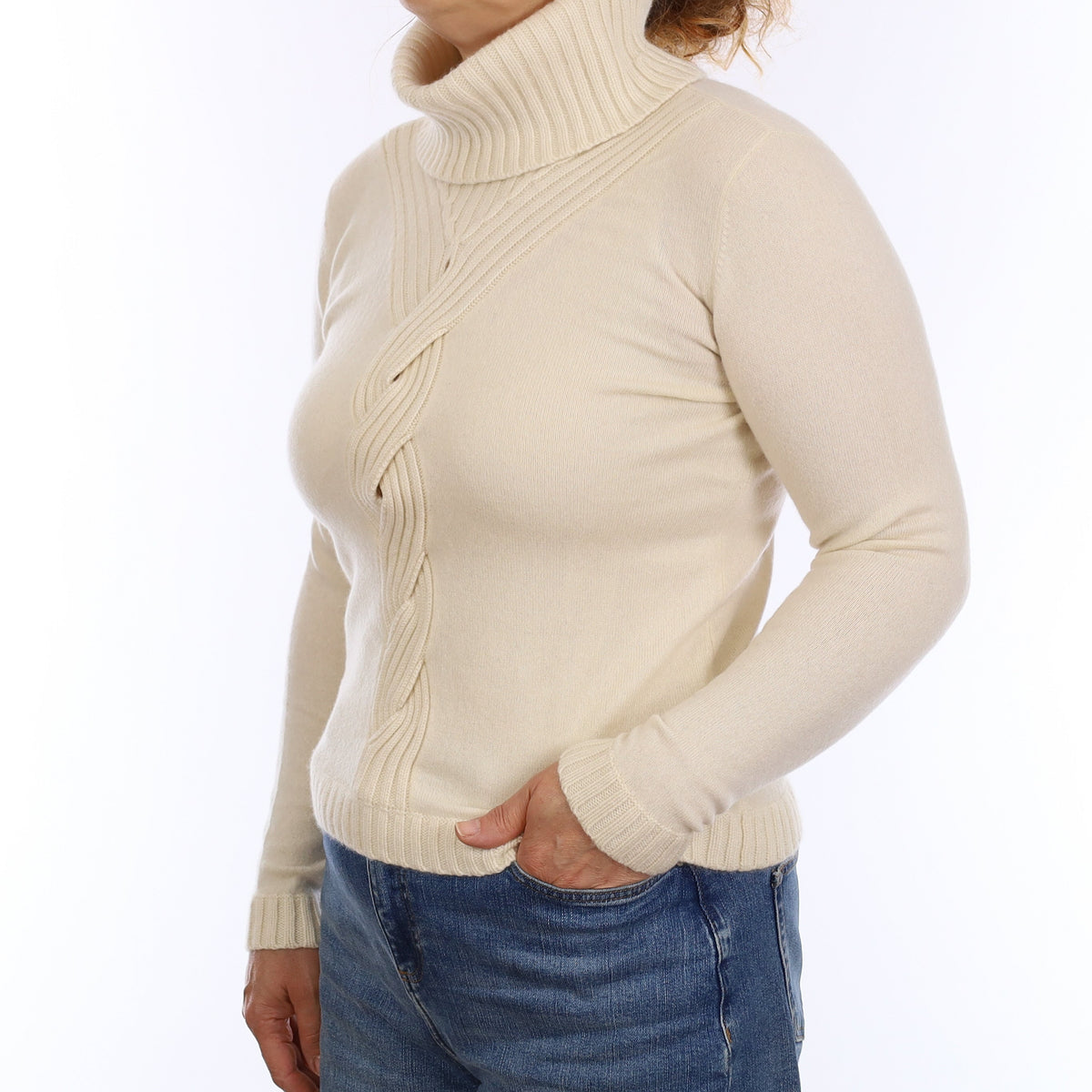 Ivory Cable Detail Cashmere Polo Neck Jumper Medium