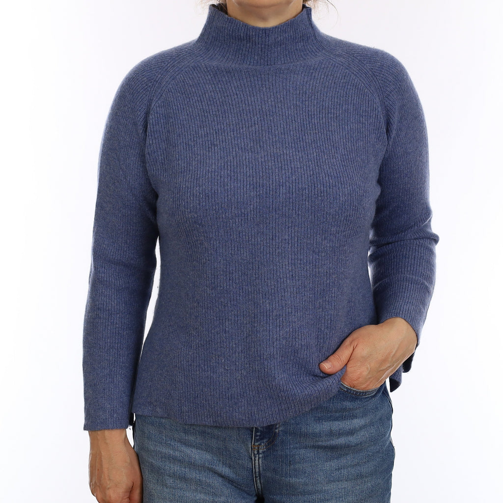 Denim Blue Rib Cashmere Boxy Turtleneck Jumper Medium