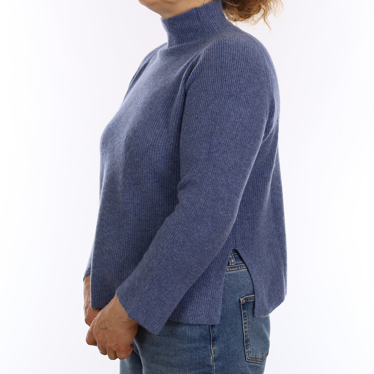 Denim Blue Rib Cashmere Boxy Turtleneck Jumper Medium