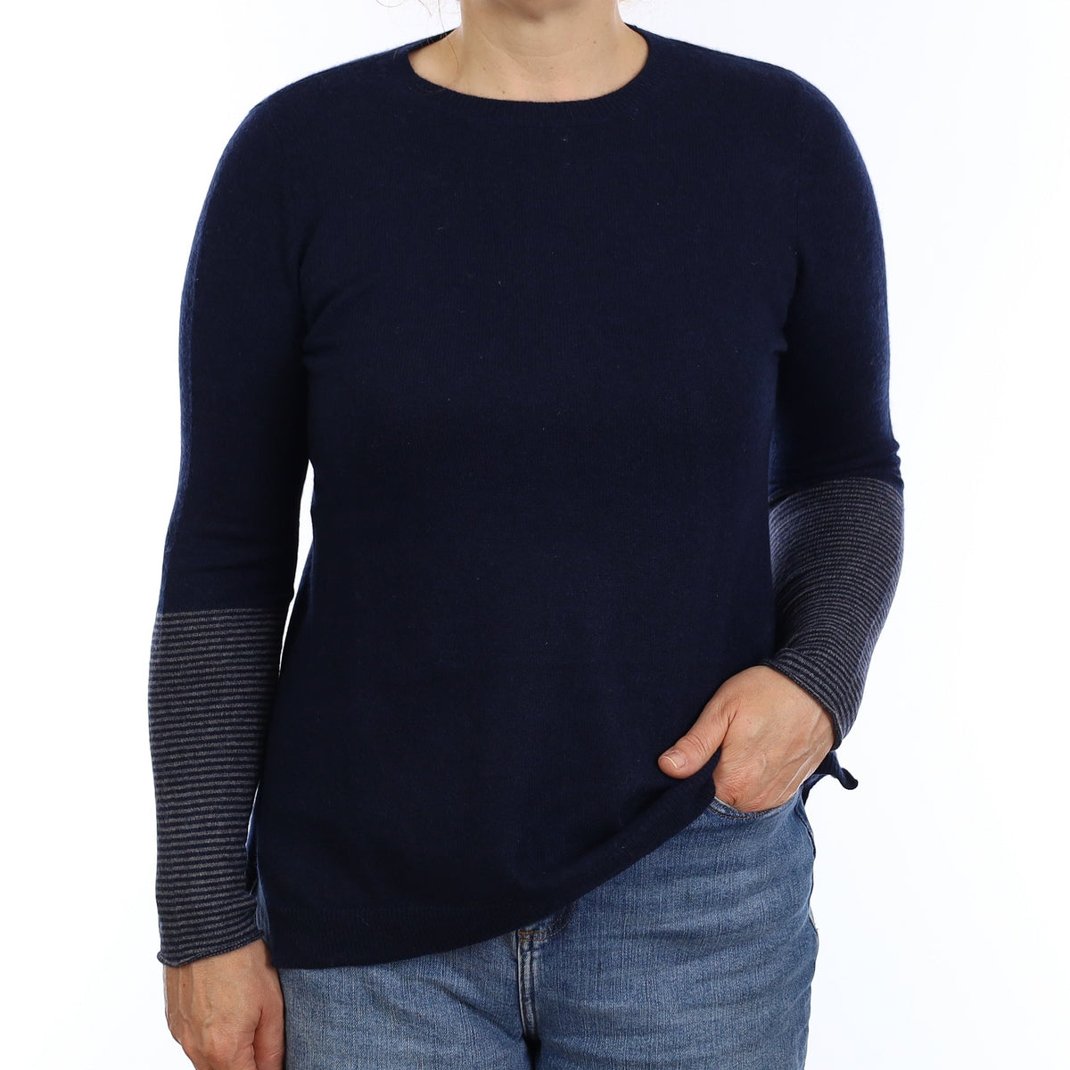 Navy Cashmere Stripe Sleeve Crew Neck Jumper Medium