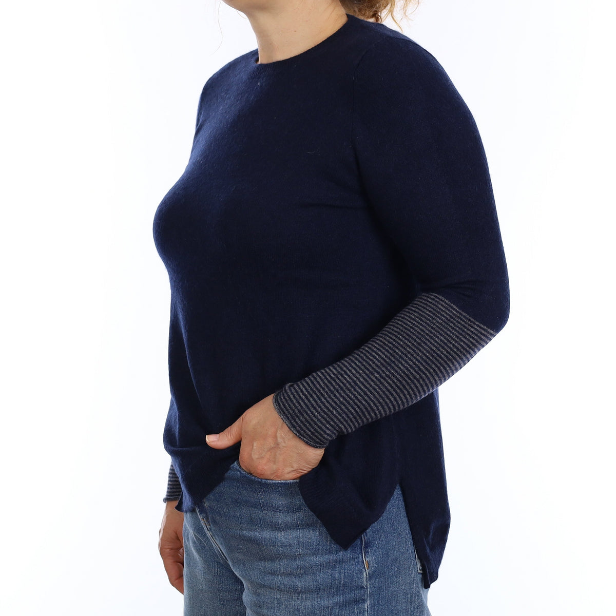 Navy Cashmere Stripe Sleeve Crew Neck Jumper Medium