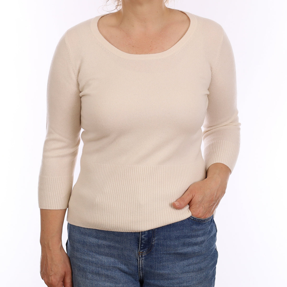 Ivory Cashmere 3/4 Sleeve Scoop Neck Jumper Medium