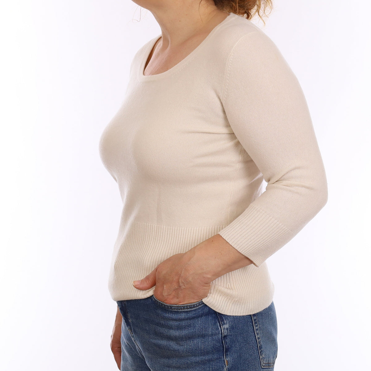 Ivory Cashmere 3/4 Sleeve Scoop Neck Jumper Medium