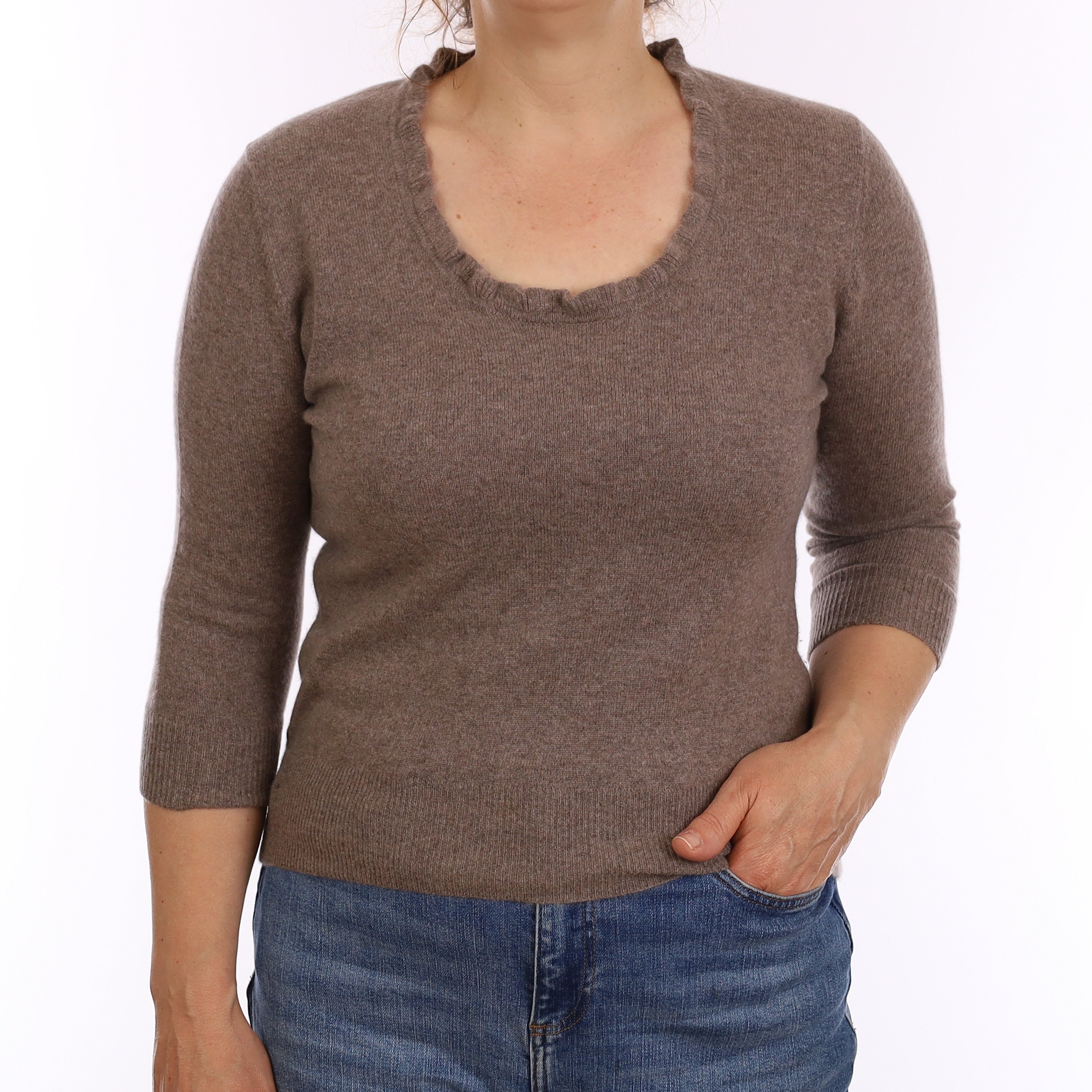 Mushroom Brown Cashmere 3/4 Sleeve Scoop Neck Jumper Medium