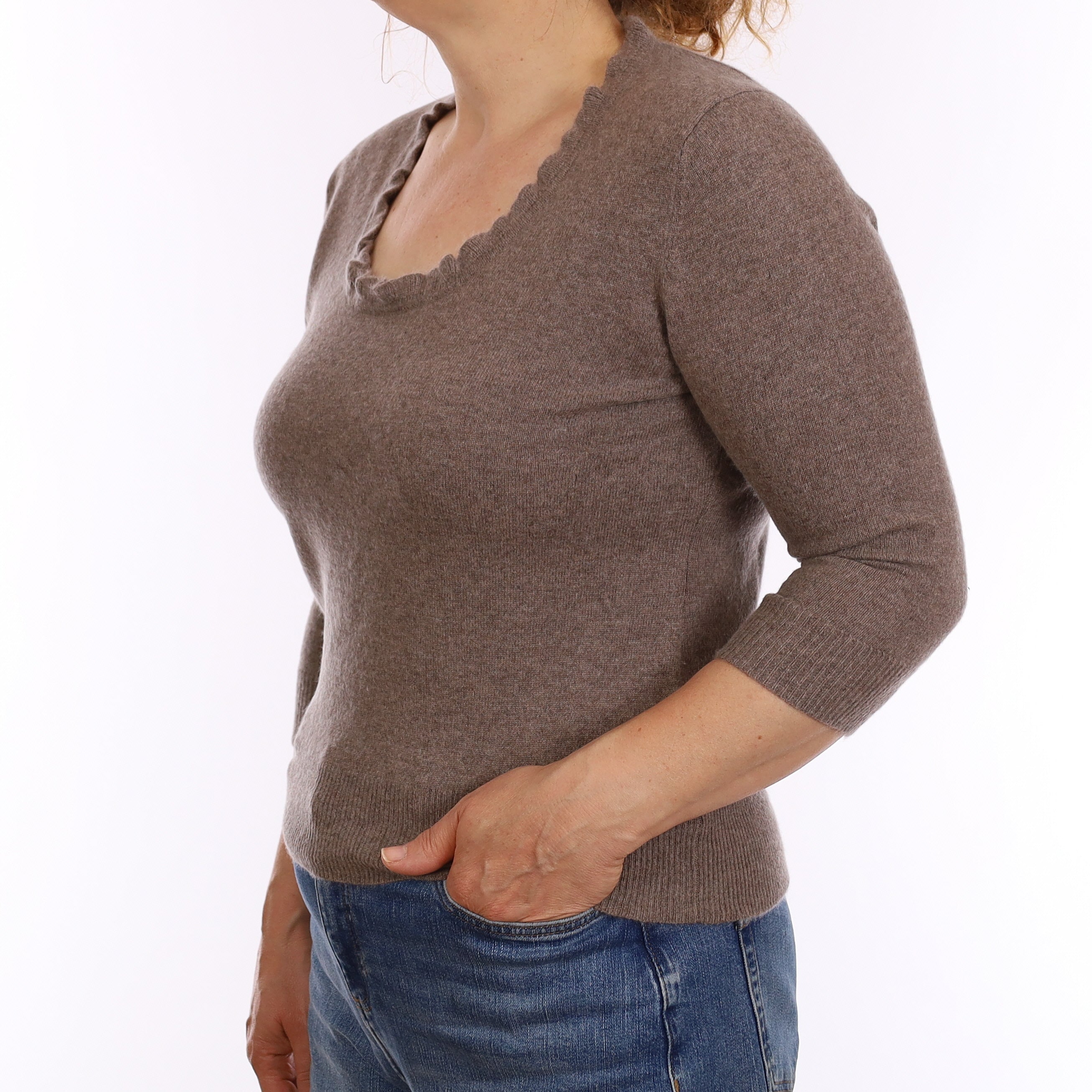 Mushroom Brown Cashmere 3/4 Sleeve Scoop Neck Jumper Medium
