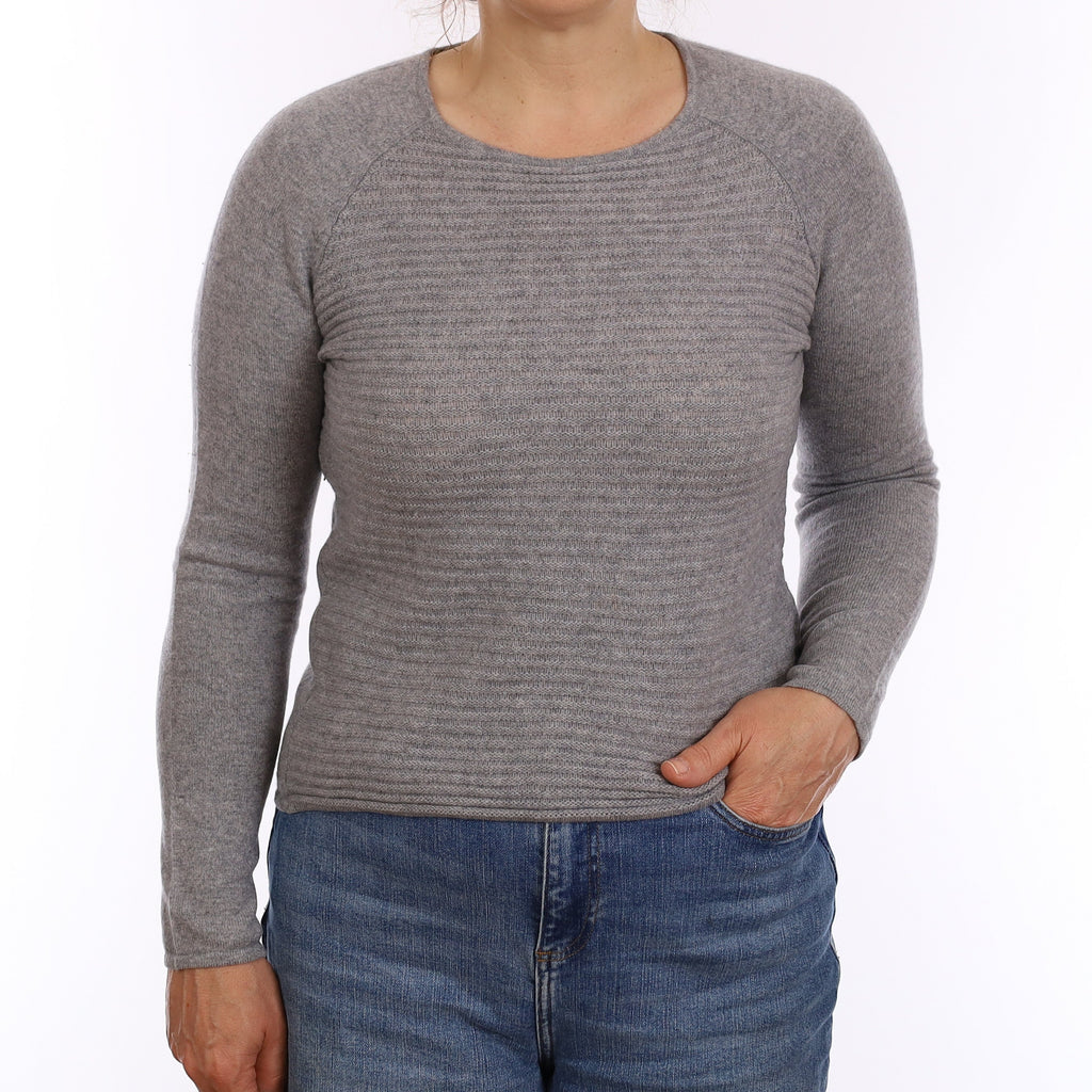 Ash Grey Cashmere Ribbed Front Crew Neck Jumper Medium