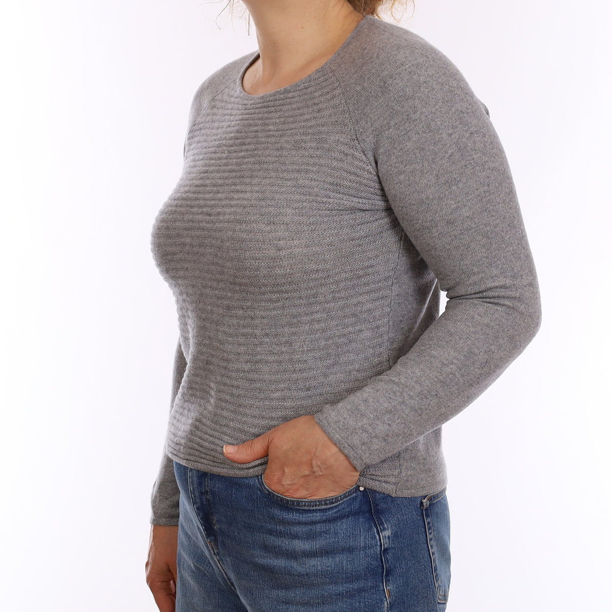 Ash Grey Cashmere Ribbed Front Crew Neck Jumper Medium