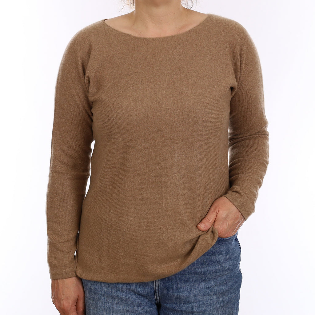 Latte Brown Cashmere Button Back Boat Neck Jumper Medium