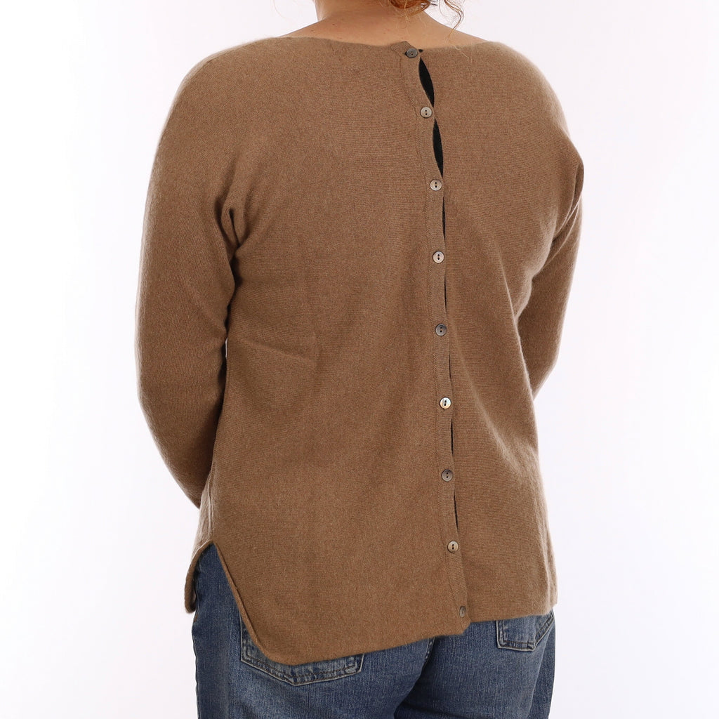 Latte Brown Cashmere Button Back Boat Neck Jumper Medium