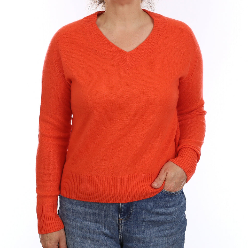Flame Orange Cashmere Slouchy V Neck Jumper Medium