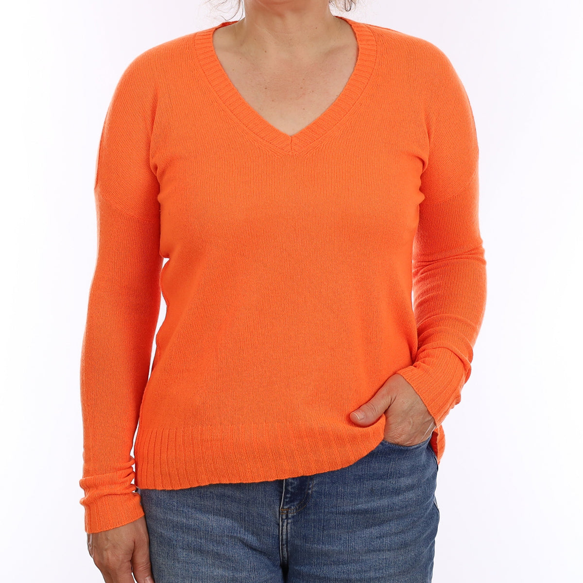 Neon Orange Lightweight Cashmere V Neck Jumper Medium