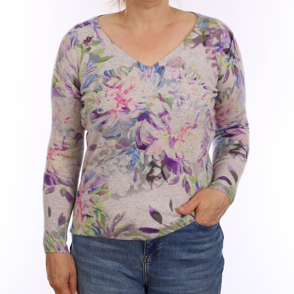 Grey & Purple Floral Cashmere V Neck Jumper Medium