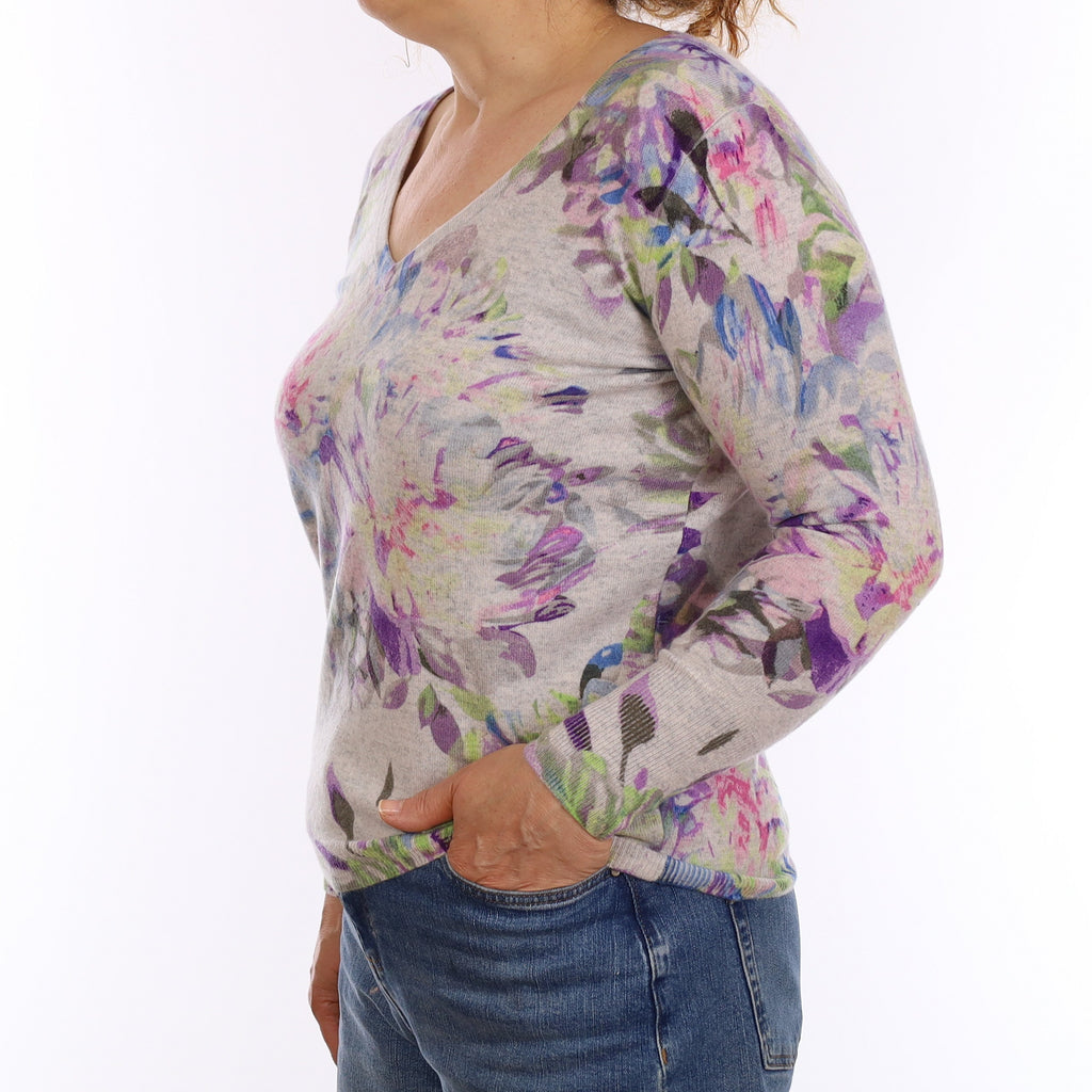 Grey & Purple Floral Cashmere V Neck Jumper Medium