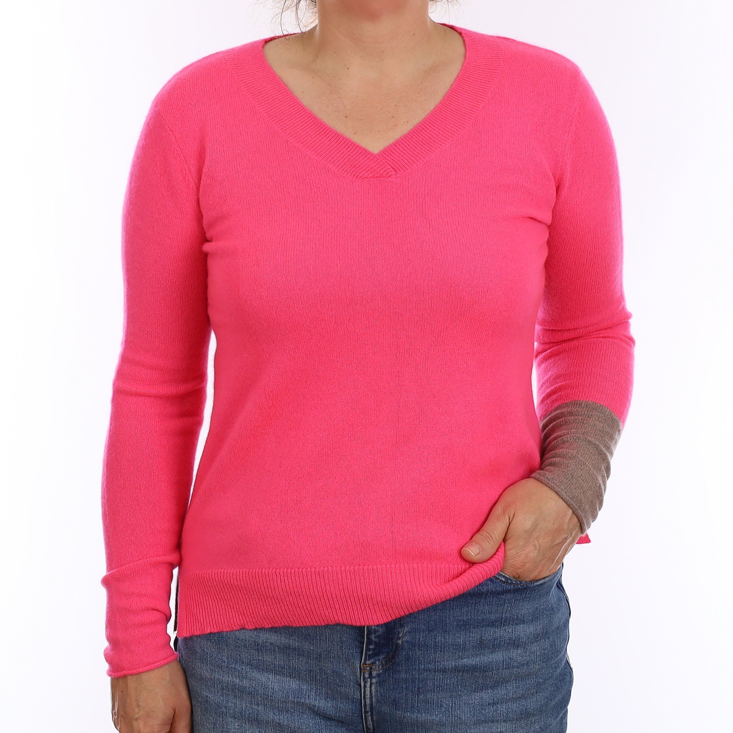 Hot Pink Mocha Trim Cashmere V Neck Jumper Medium