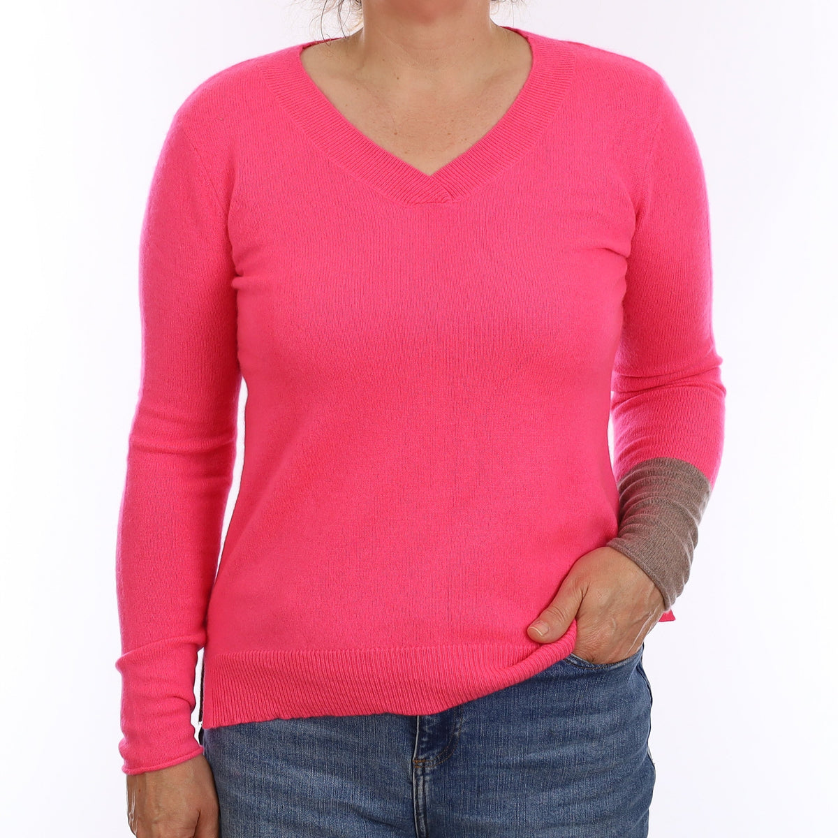 Hot Pink Mocha Trim Cashmere V Neck Jumper Medium