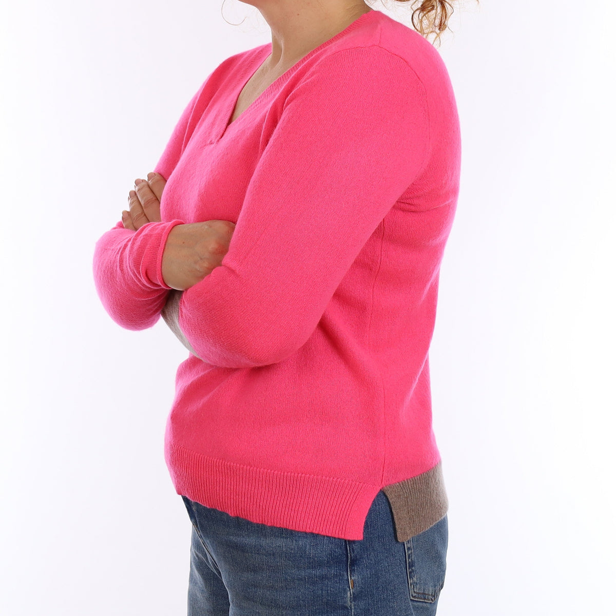 Hot Pink Mocha Trim Cashmere V Neck Jumper Medium