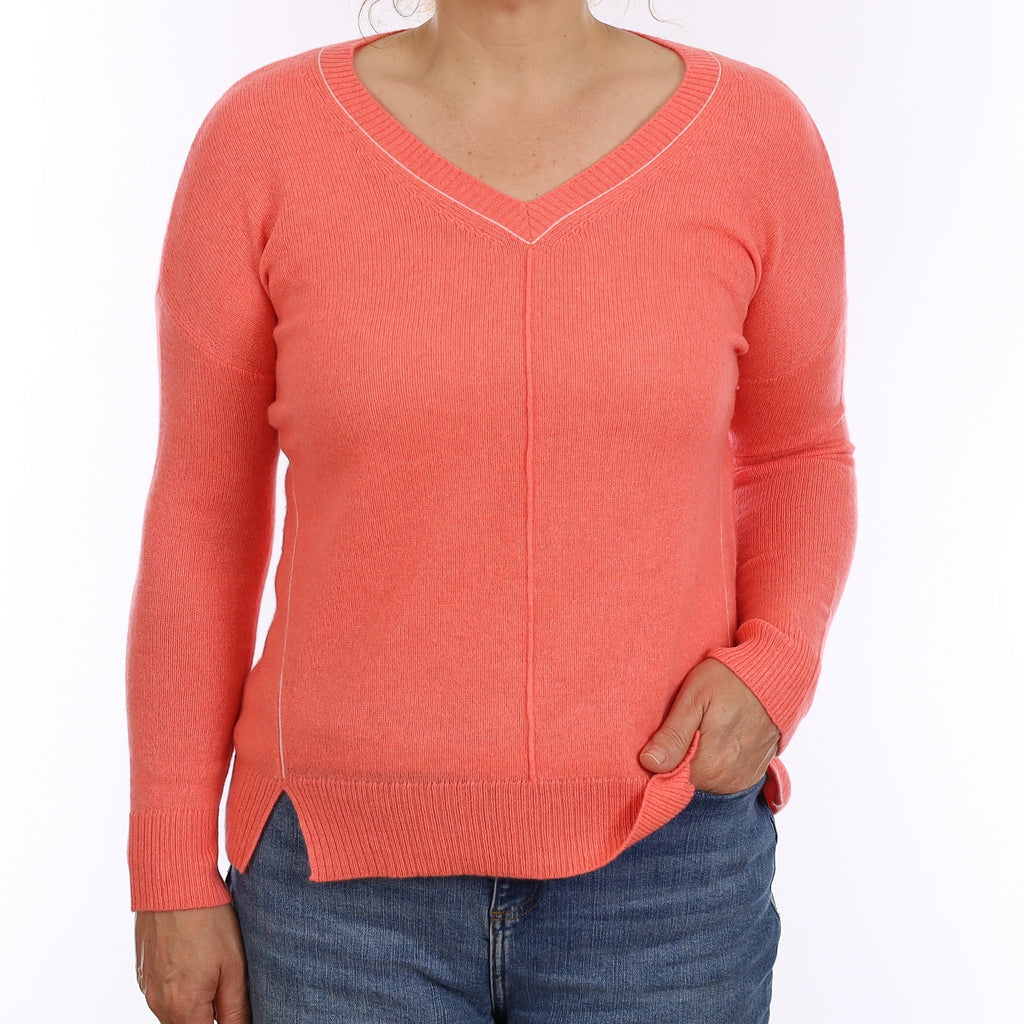 Coral Pink Cashmere V Neck Jumper Medium