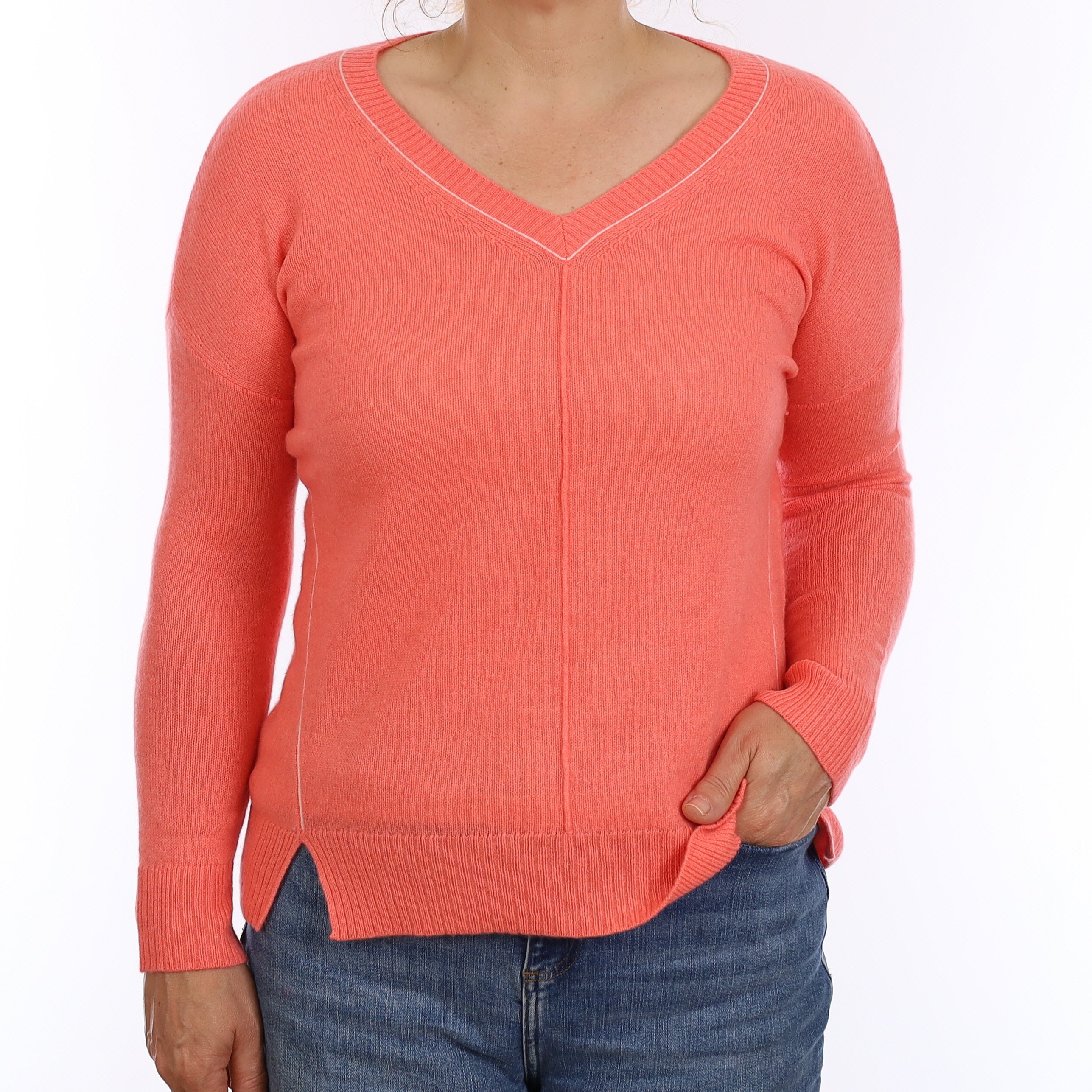 Coral Pink Cashmere V Neck Jumper Medium