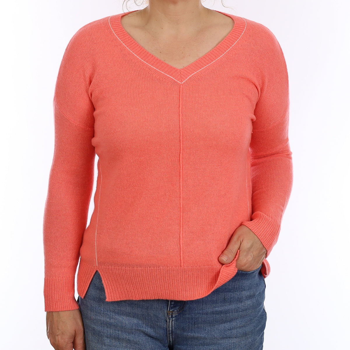 Coral Pink Cashmere V Neck Jumper Medium