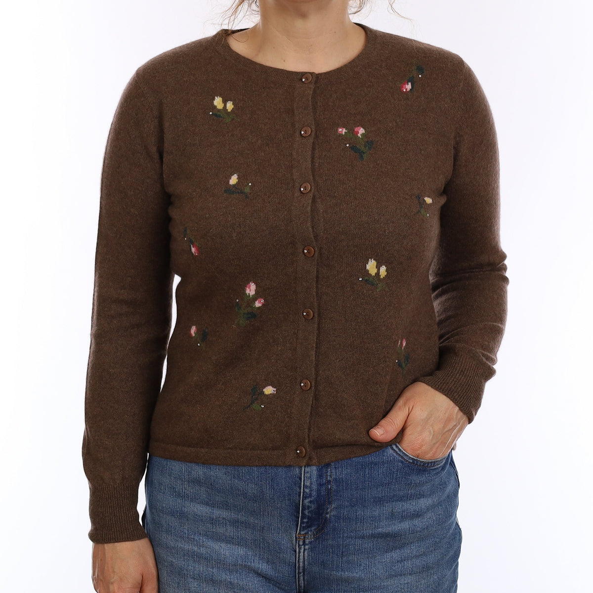 Brown Floral Diamanté Cashmere Crew Neck Cardigan Medium