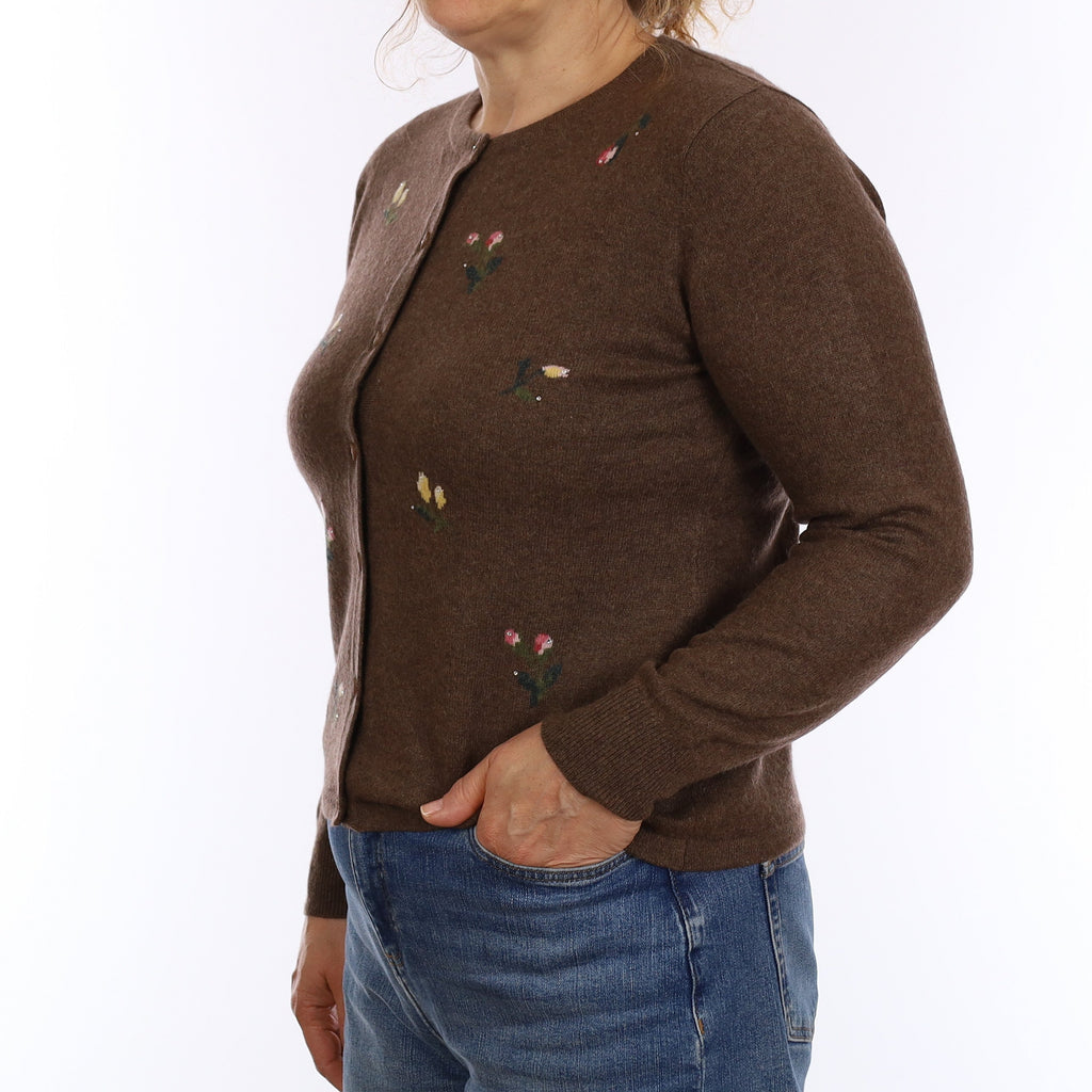 Brown Floral Diamanté Cashmere Crew Neck Cardigan Medium