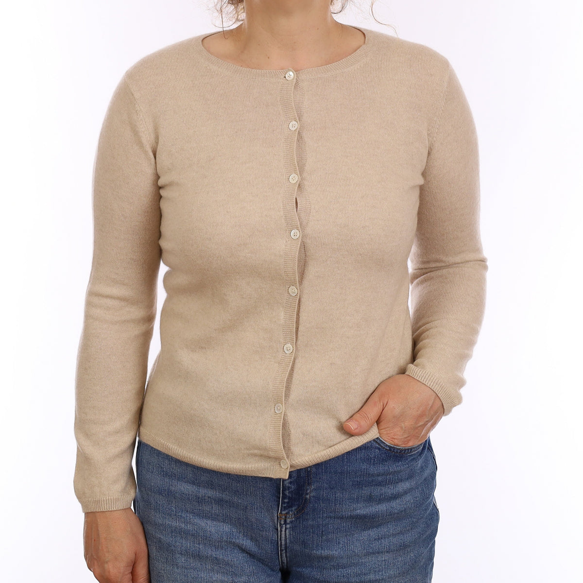 Fawn Cashmere Crew Neck Cardigan Medium