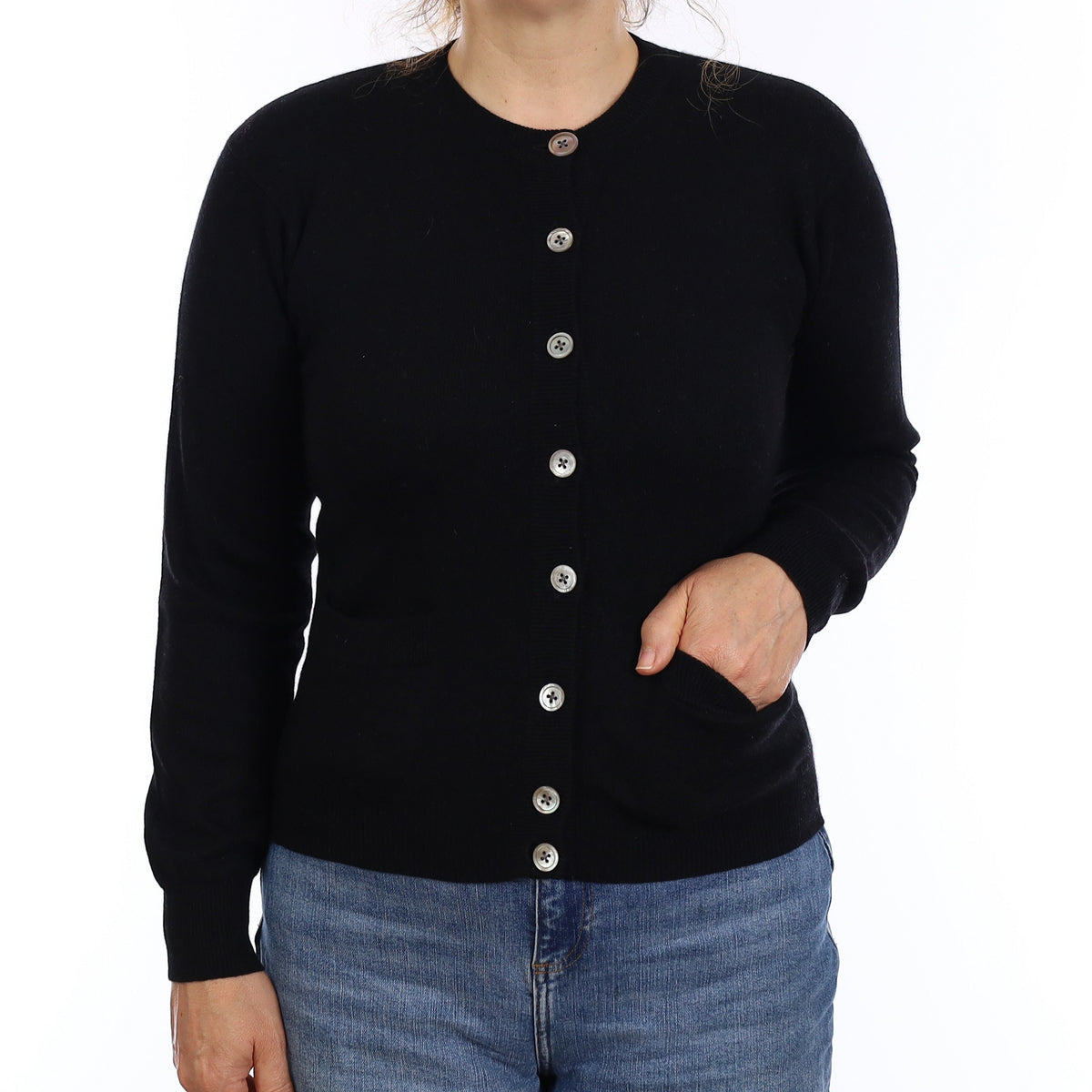 Black Cashmere Crew Neck Cardigan with Pockets Medium