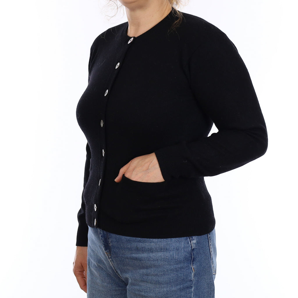Black Cashmere Crew Neck Cardigan with Pockets Medium