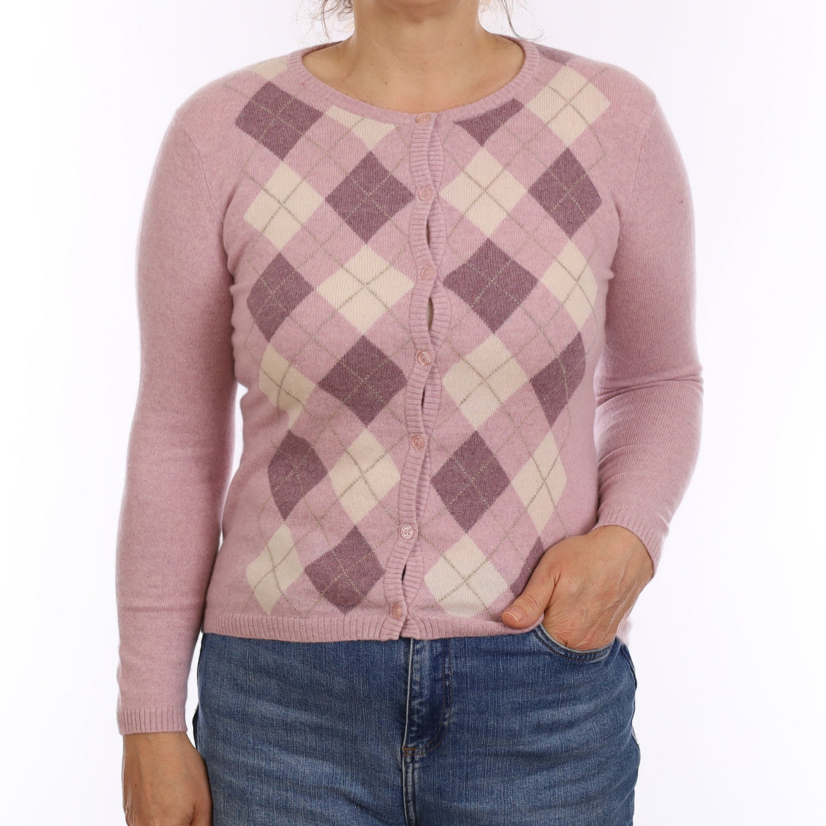 Mauve Purple Argyle Cashmere Crew Neck Cardigan Medium