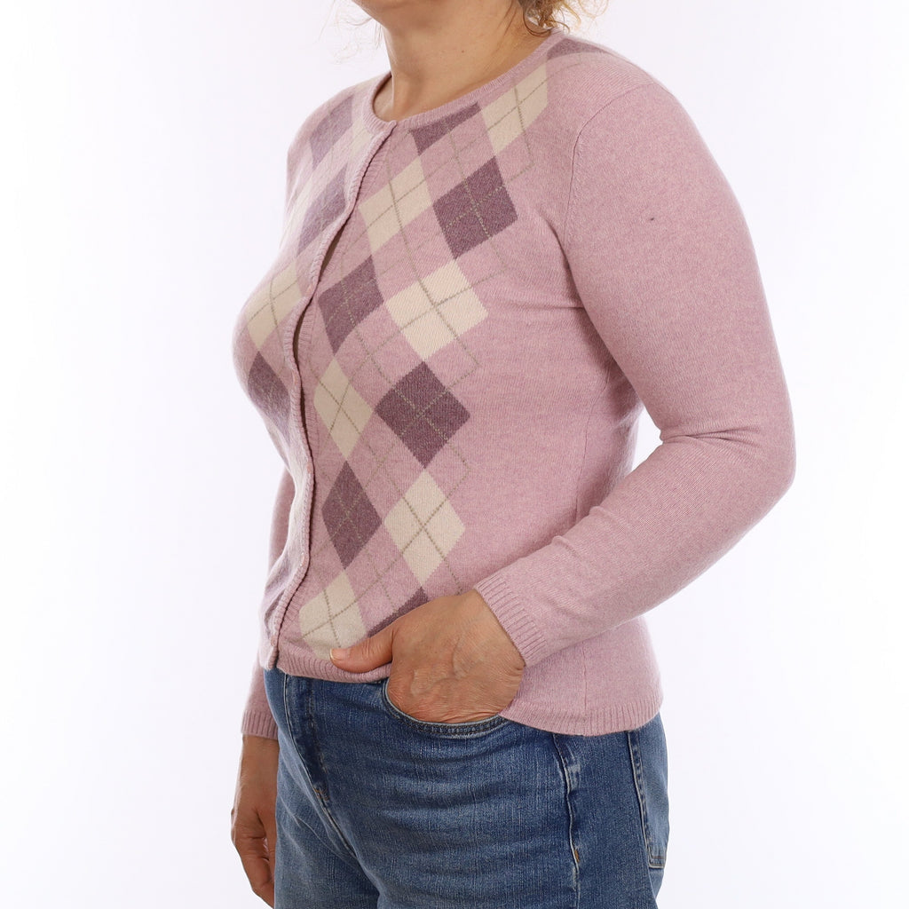Mauve Purple Argyle Cashmere Crew Neck Cardigan Medium