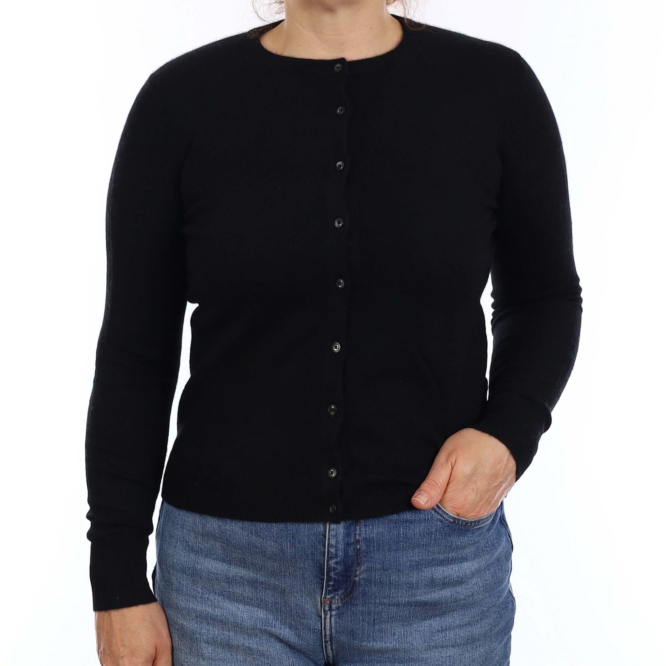 Black Cashmere Crew Neck Cardigan Medium