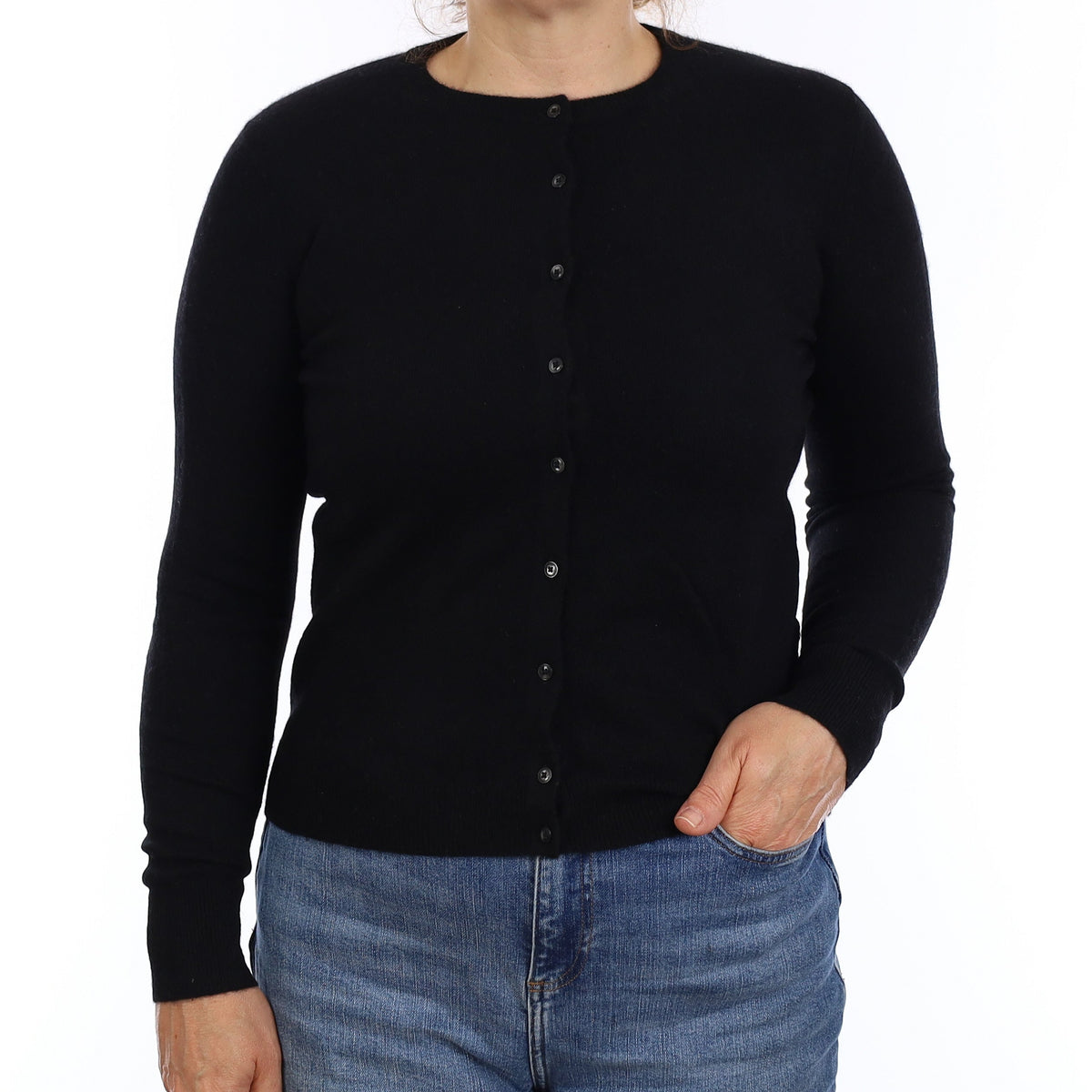 Black Cashmere Crew Neck Cardigan Medium