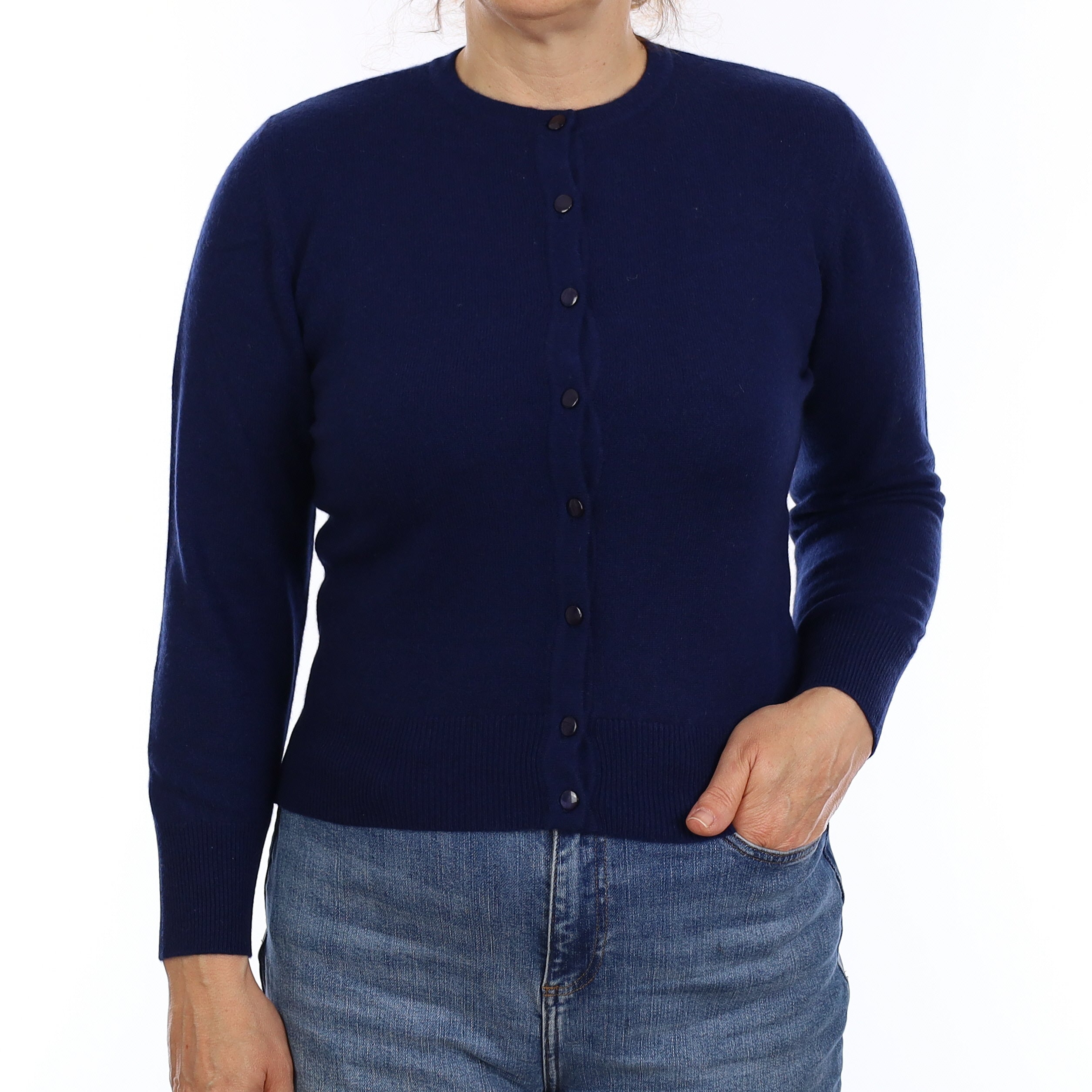 French Navy Cashmere Crew Neck Cardigan Medium
