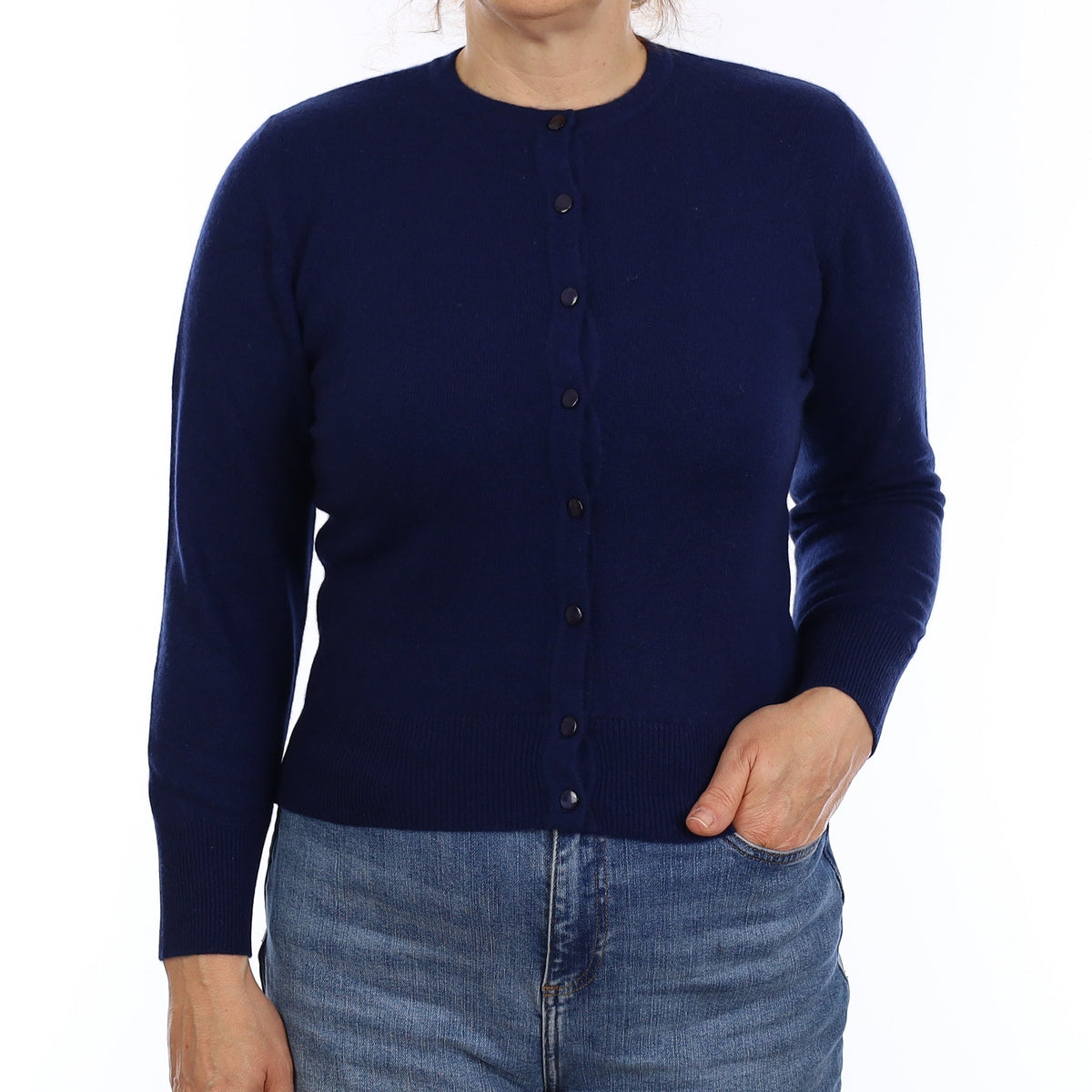 French Navy Cashmere Crew Neck Cardigan Medium