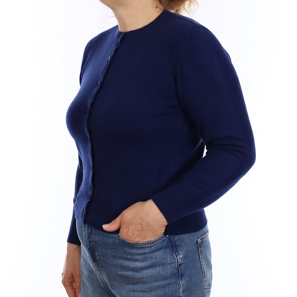 French Navy Cashmere Crew Neck Cardigan Medium