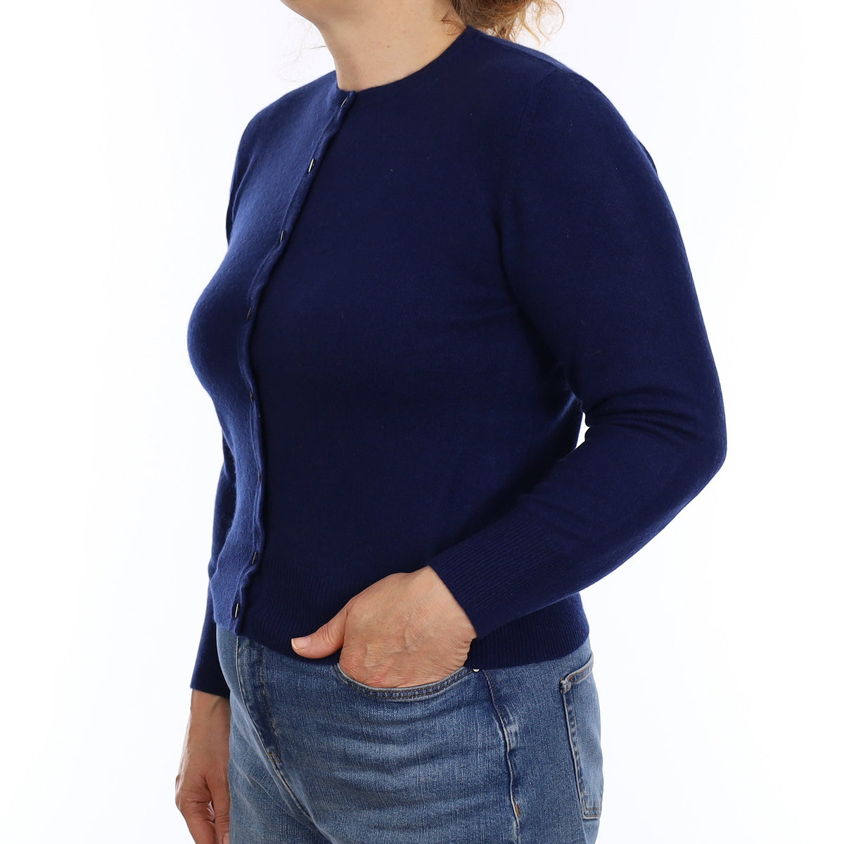 French Navy Cashmere Crew Neck Cardigan Medium