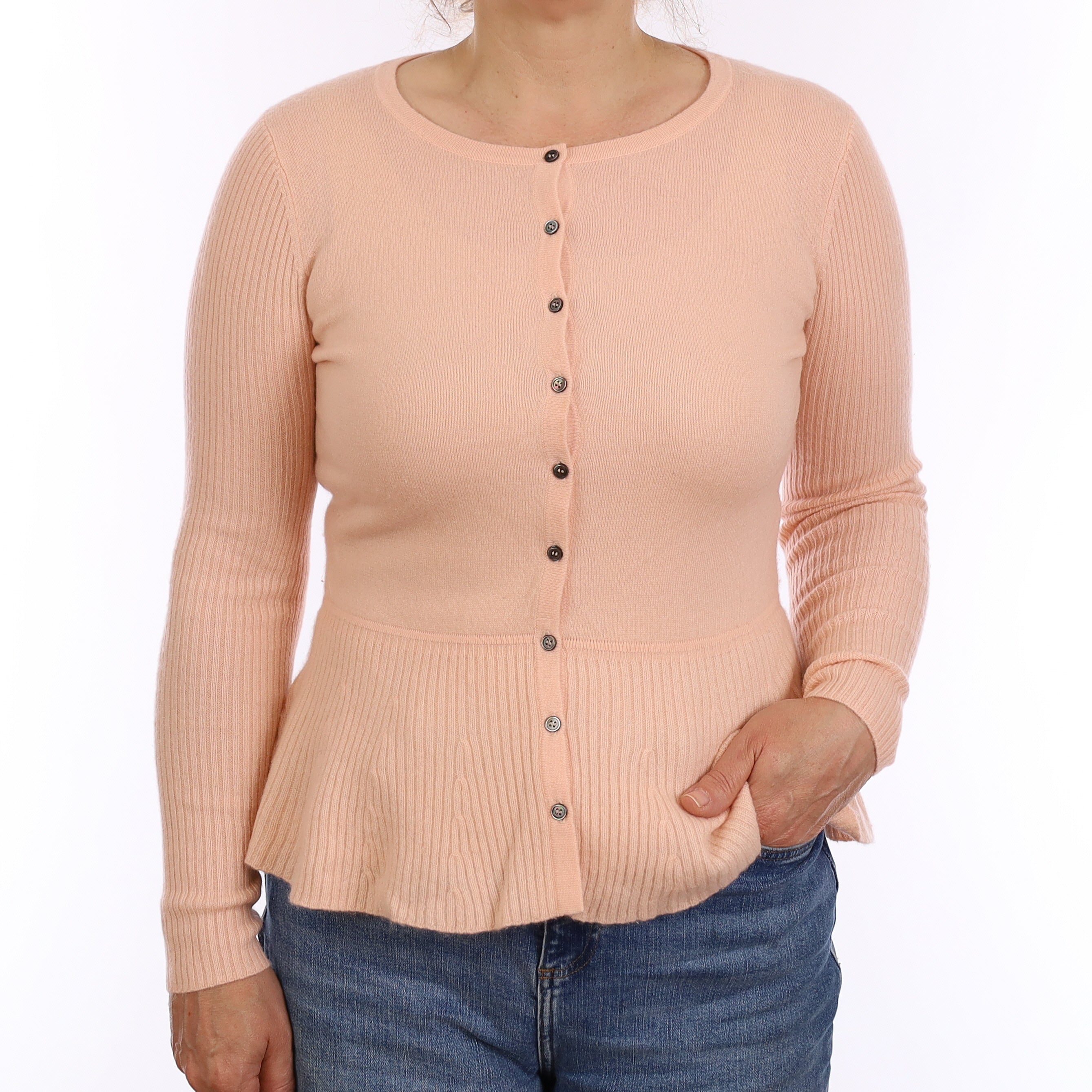 Pale Peach Cashmere Peplum Crew Neck Cardigan Medium