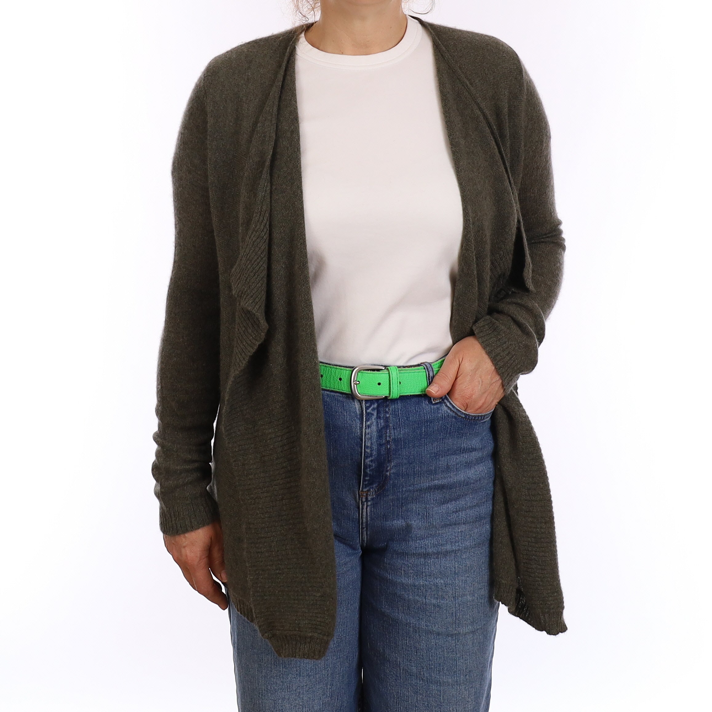 Khaki Green Cashmere Waterfall Cardigan Medium