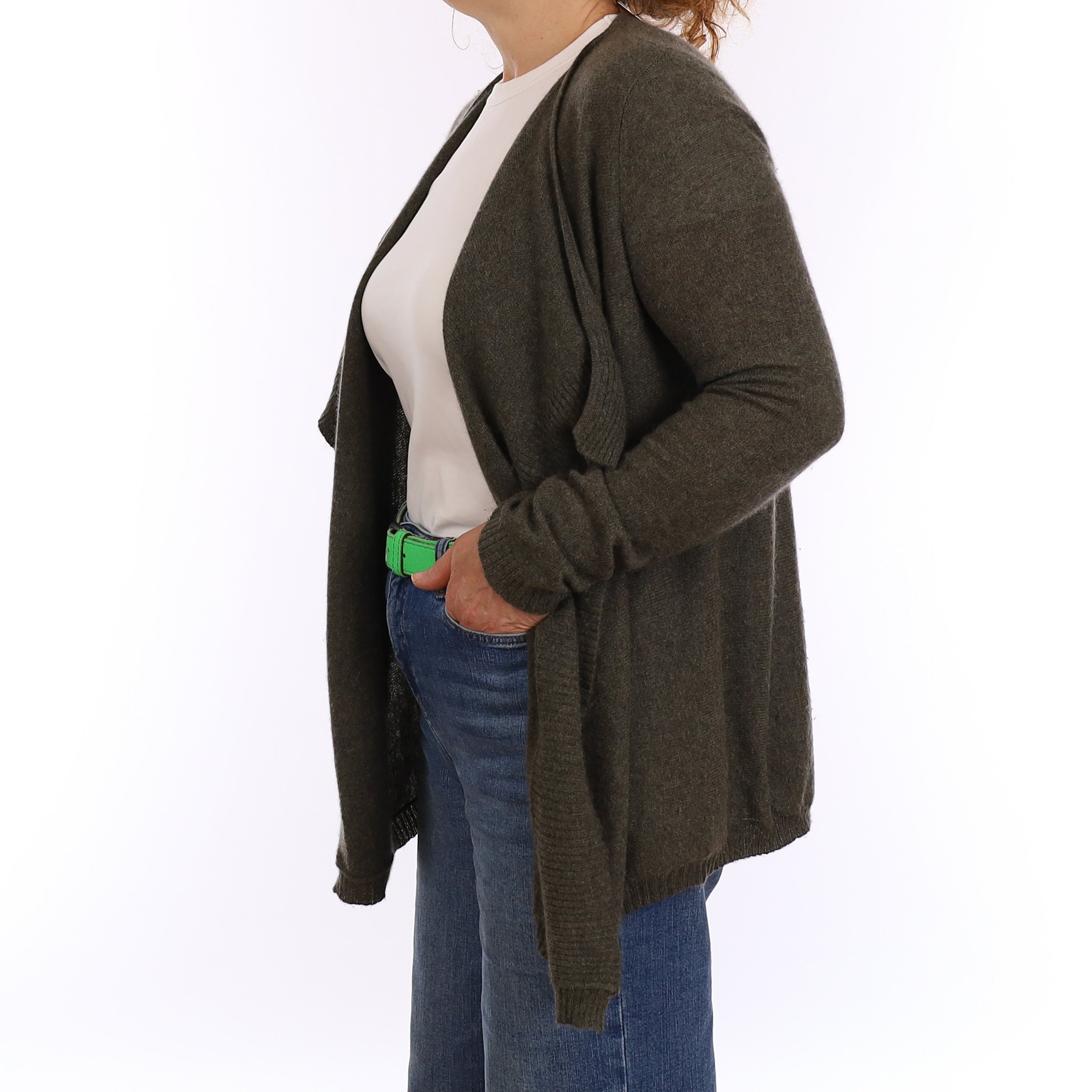 Khaki Green Cashmere Waterfall Cardigan Medium
